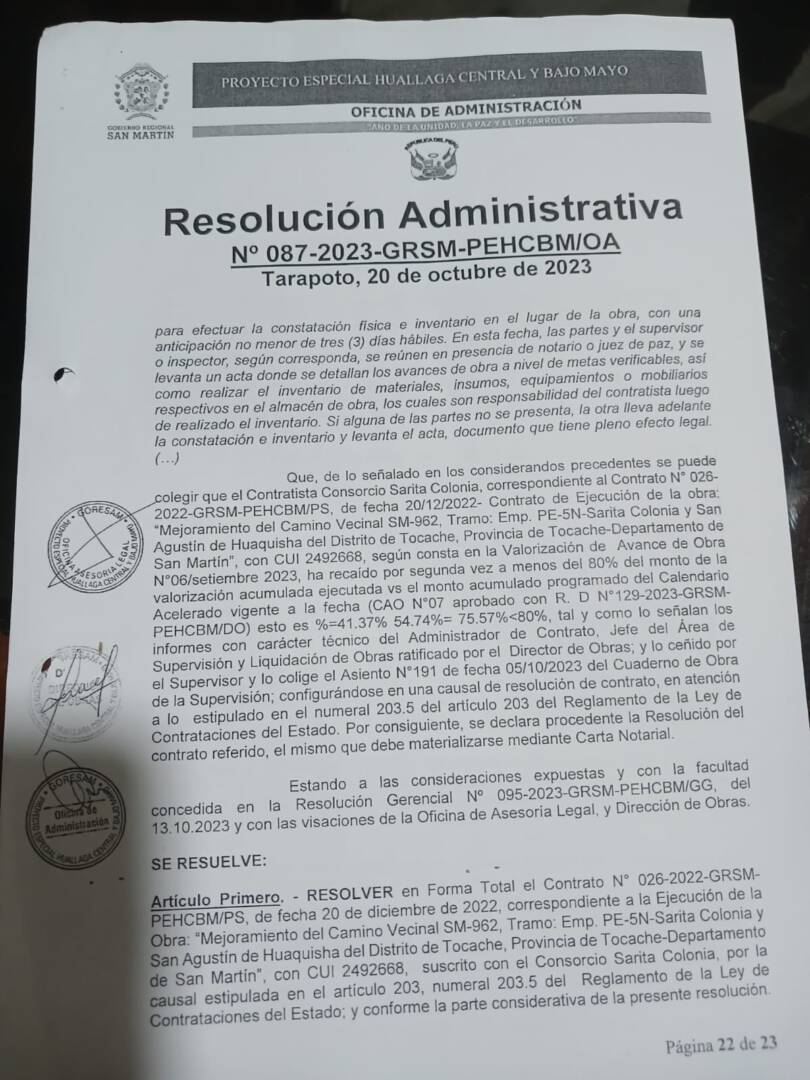 Proyecto Huallaga Central y Bajo Mayo deshace contrato con empresas por informales
