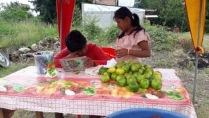 Vendiendo frutas escolares cumplen con sus labores escolares