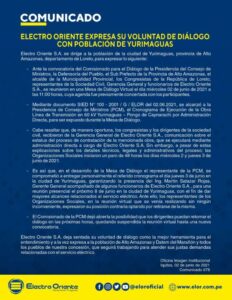 COMUNICADO: ELECTRO ORIENTE EXPRESA SU VOLUNTAD DE DIÁLOGO CON POBLACION DE YURIMAGUAS