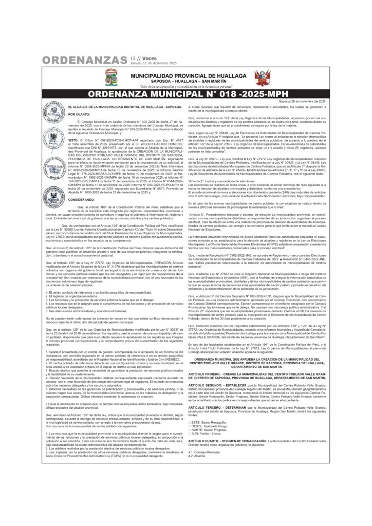 ORDENANZA MUNICIPAL N° 018-2025-CM/MPH 11-12-25