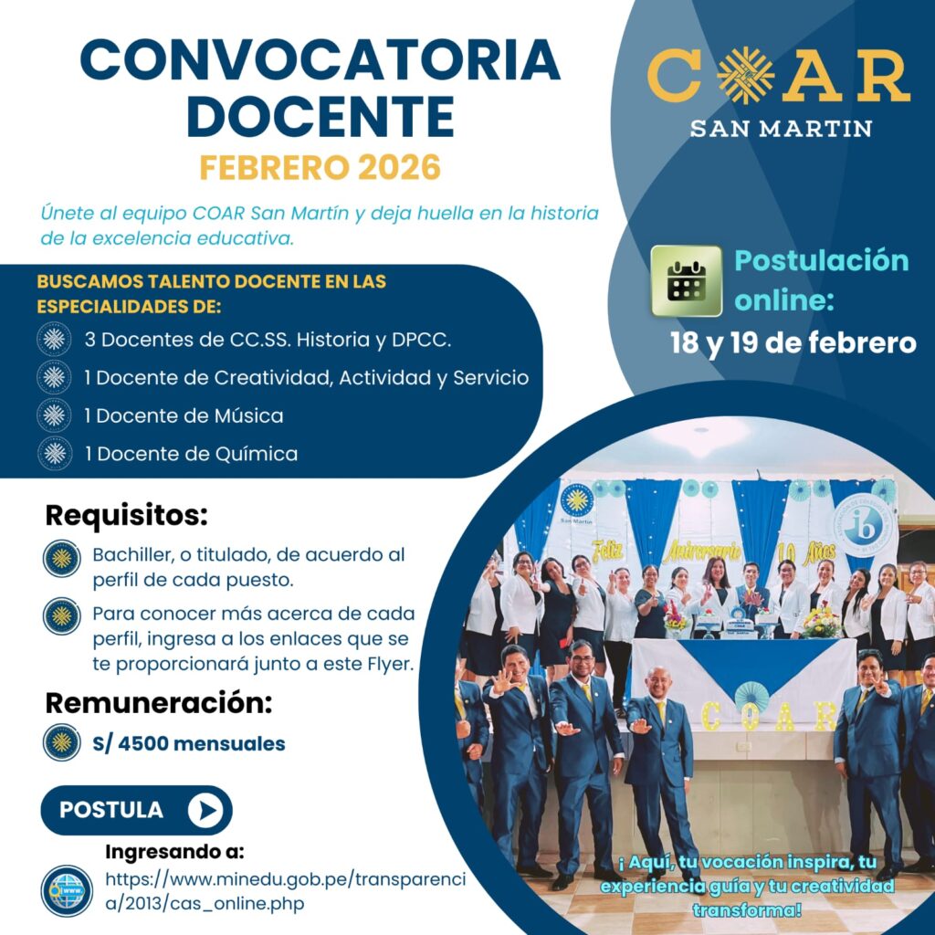 COAR San Martín lanza convocatoria docente y profesional con remuneraciones de hasta S/ 4,500 mensuales