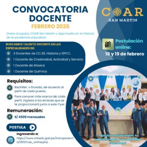 COAR San Martín lanza convocatoria docente y profesional con remuneraciones de hasta S/ 4,500 mensuales