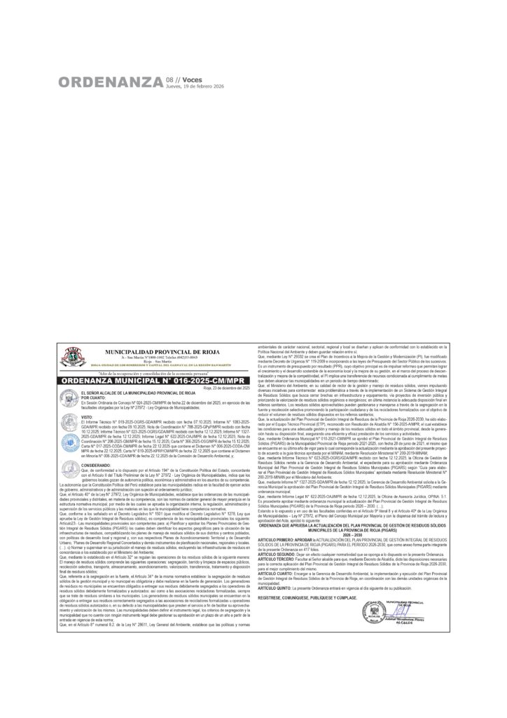 ORDENANZA MUNICIPAL N° 016-2026-CM/MPR 19-02-26