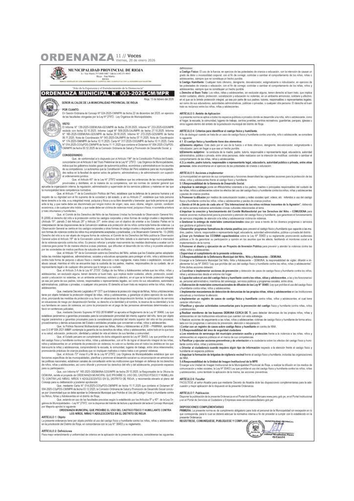 ORDENANZA MUNICIPAL N° 003-2026-CM/MPR 20-02-26