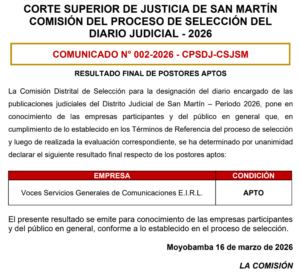 CSJSM declara a Voces como única empresa apta para las publicaciones judiciales del Distrito Judicial de San Martín en 2026