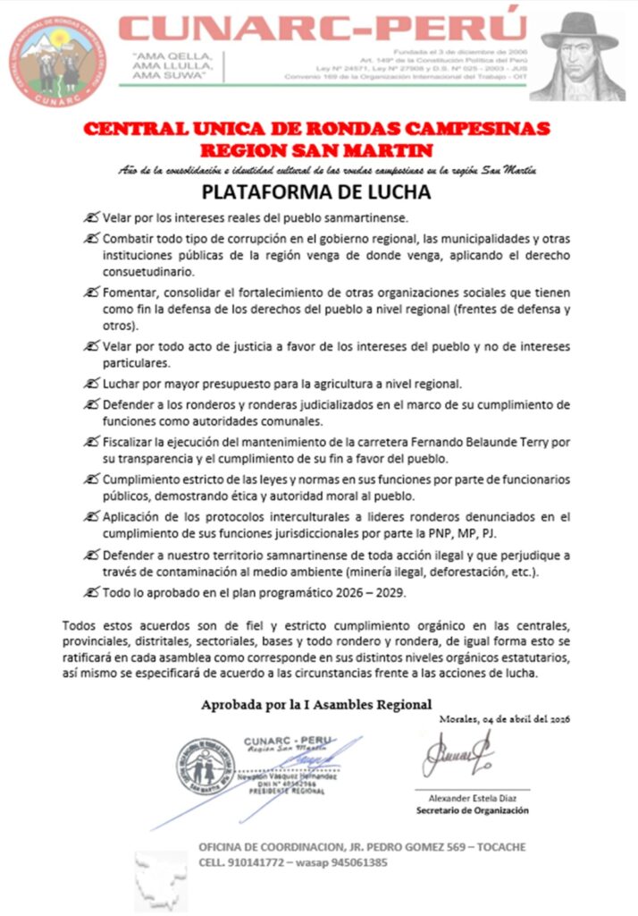 Ronderos de San Martín consolidan agenda regional y llaman a la unidad en histórica asamblea