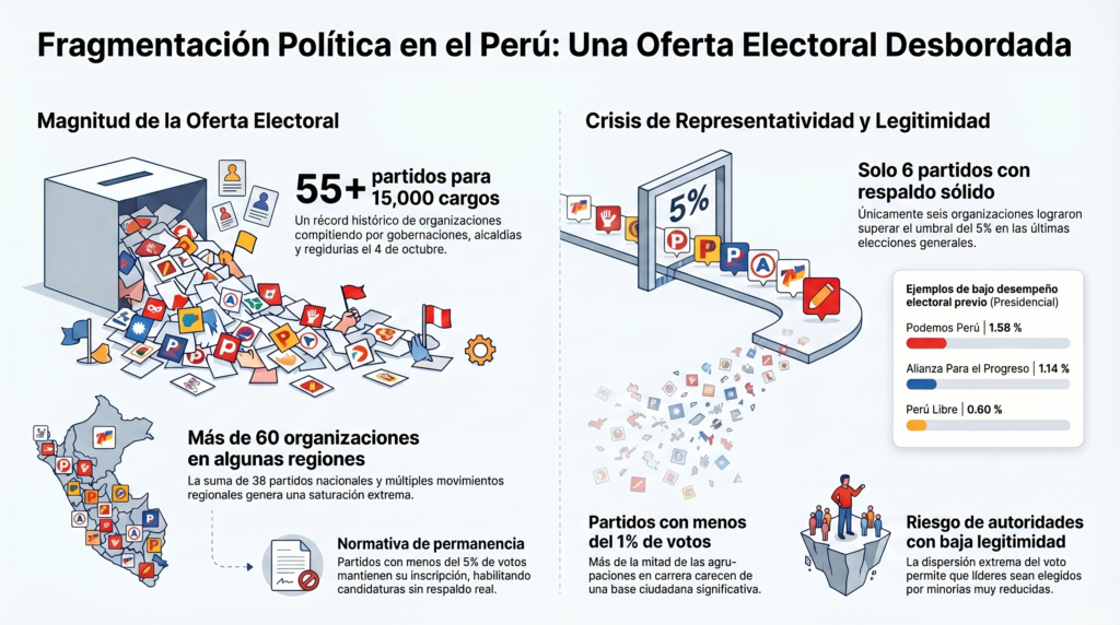 Más de 55 partidos en carrera por 15 mil cargos: Fragmentación, tensiona las elecciones regionales y municipales en Perú