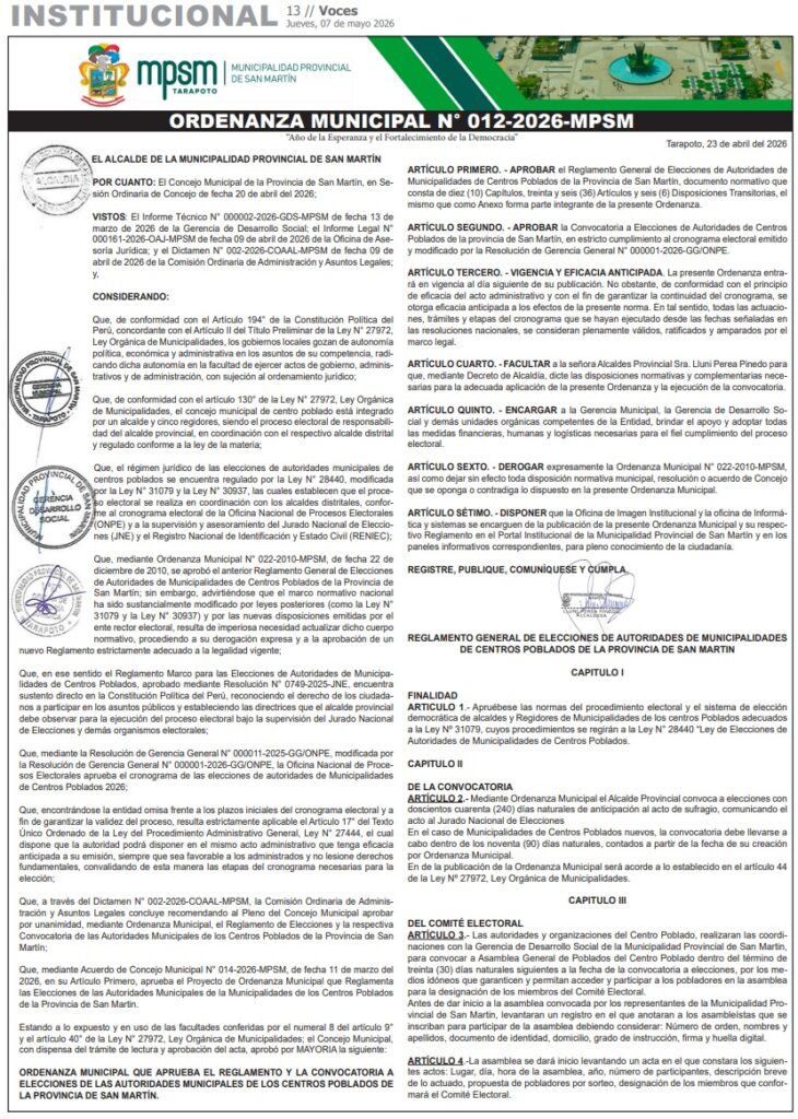 ORDENANZA MUNICIPAL N° 012-2026-MPSM