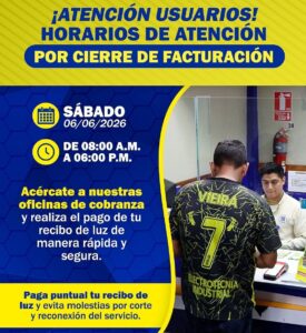 Electro Oriente amplía horario de atención por cierre de facturación este sábado 6 de junio