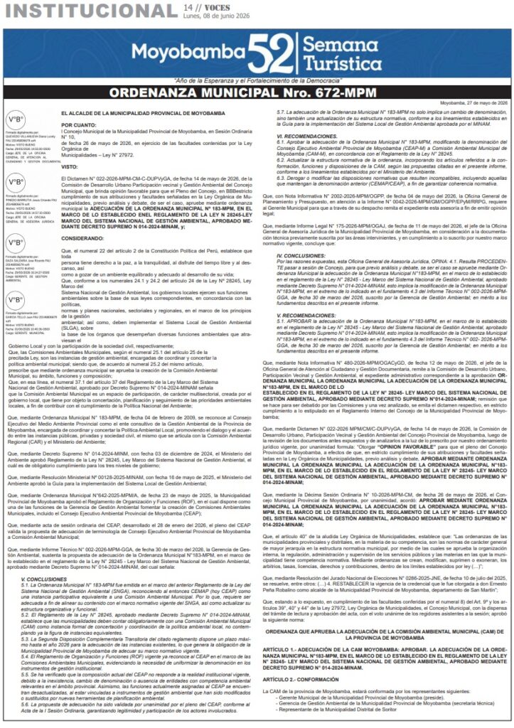 ORDENANZA MUNICIPAL Nro. 672-MPM