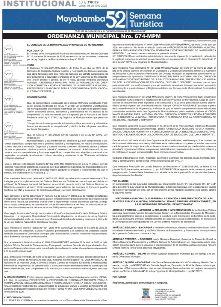 ORDENANZA MUNICIPAL Nro. 674-MPM