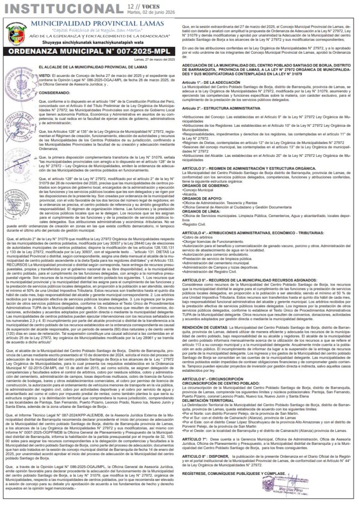 ORDENANZA MUNICIPAL N° 007-2025-MPL