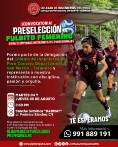 CIP CDSM – Tarapoto convoca a ingenieras colegiadas para integrar su delegación de fulbito femenino