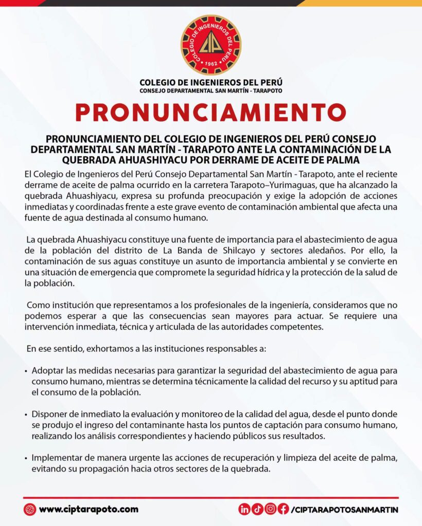 CIP CDSM – Tarapoto exige acciones urgentes ante contaminación de la quebrada Ahuashiyacu por derrame de aceite de palma