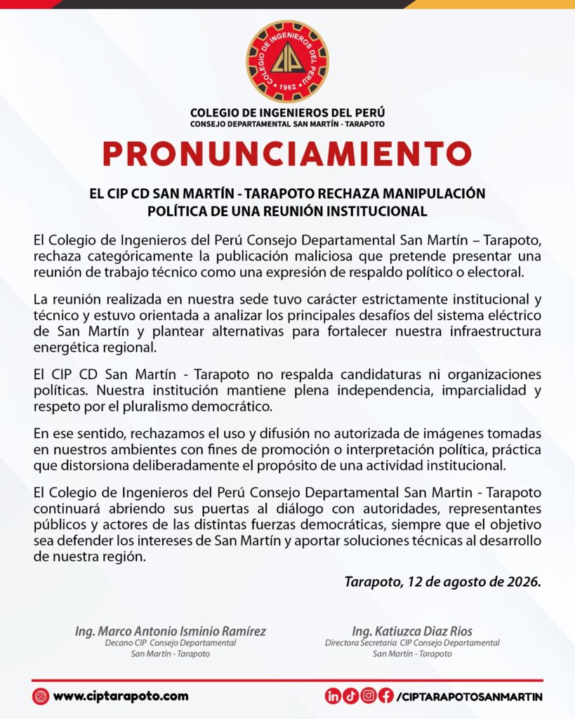 CIP San Martín-Tarapoto reafirma su independencia institucional y rechaza uso político de reunión técnica