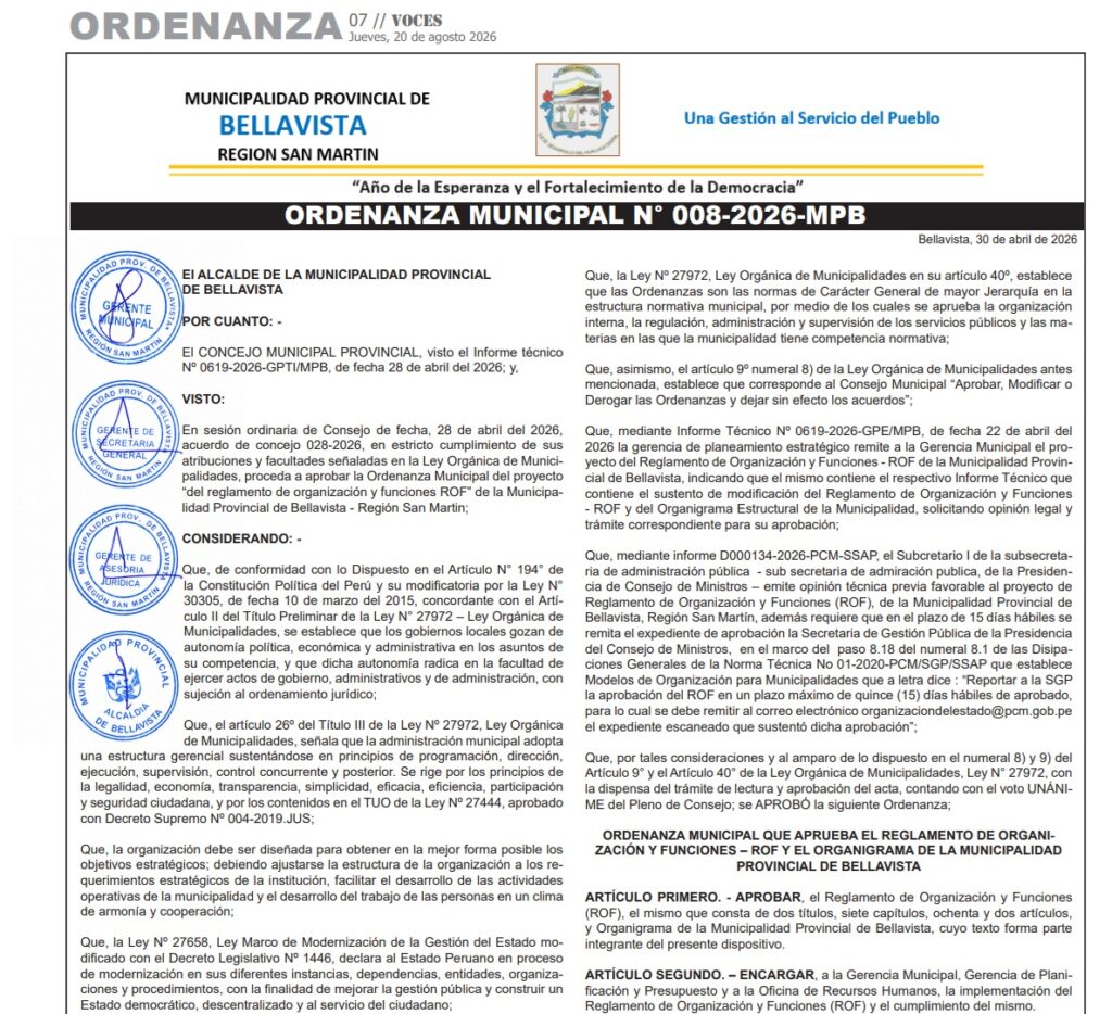 ORDENANZA MUNICIPAL N° 008-2026-MPB