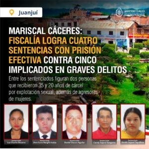 Mariscal Cáceres: Fiscalía obtiene cuatro condenas de prisión efectiva contra cinco personas por graves delitos