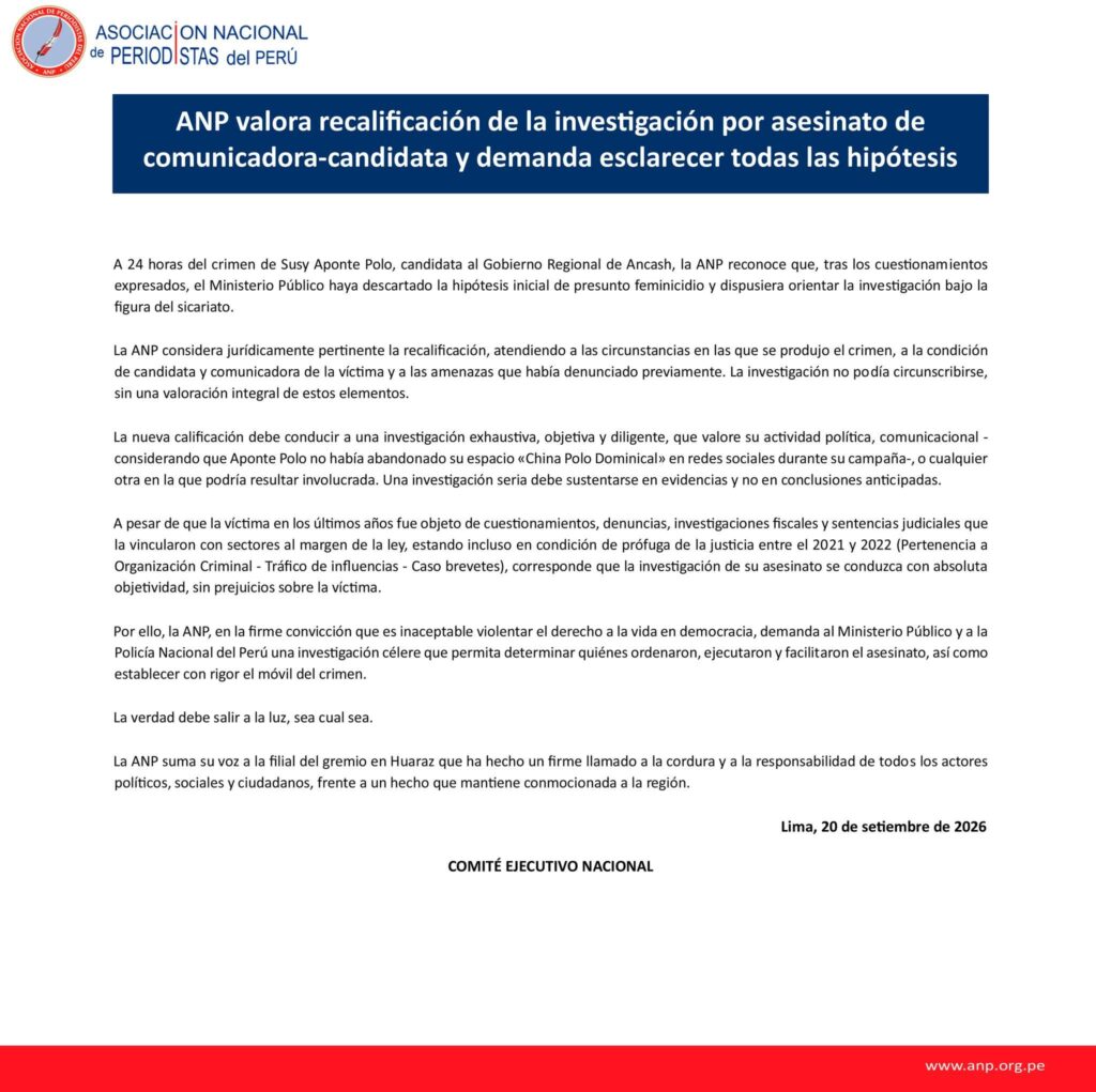 ANP respalda recalificación de investigación por el asesinato de comunicadora y candidata en Áncash