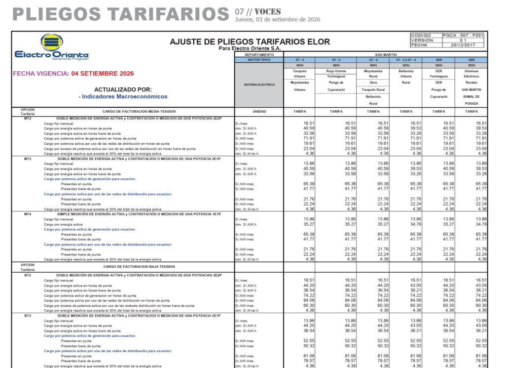 AJUSTE DE PLIEGOS TARIFARIOS ELOR – FECHA VIGENCIA: 04 SETIEMBRE 2026