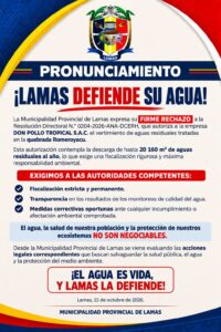 ¡Lamas defiende su agua!: Municipalidad rechaza autorización para vertimiento de aguas residuales en la quebrada Romeroyacu