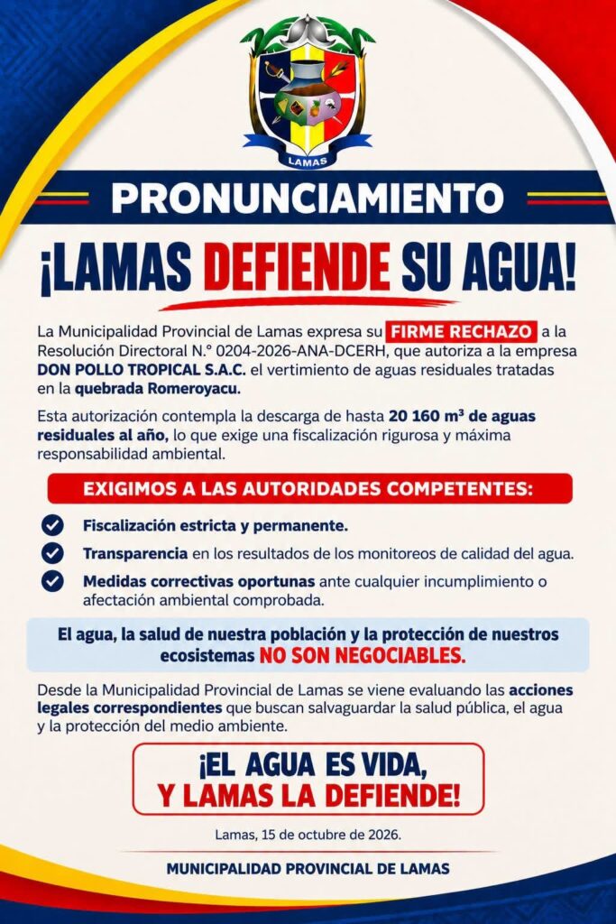¡Lamas defiende su agua!: Municipalidad rechaza autorización para vertimiento de aguas residuales en la quebrada Romeroyacu