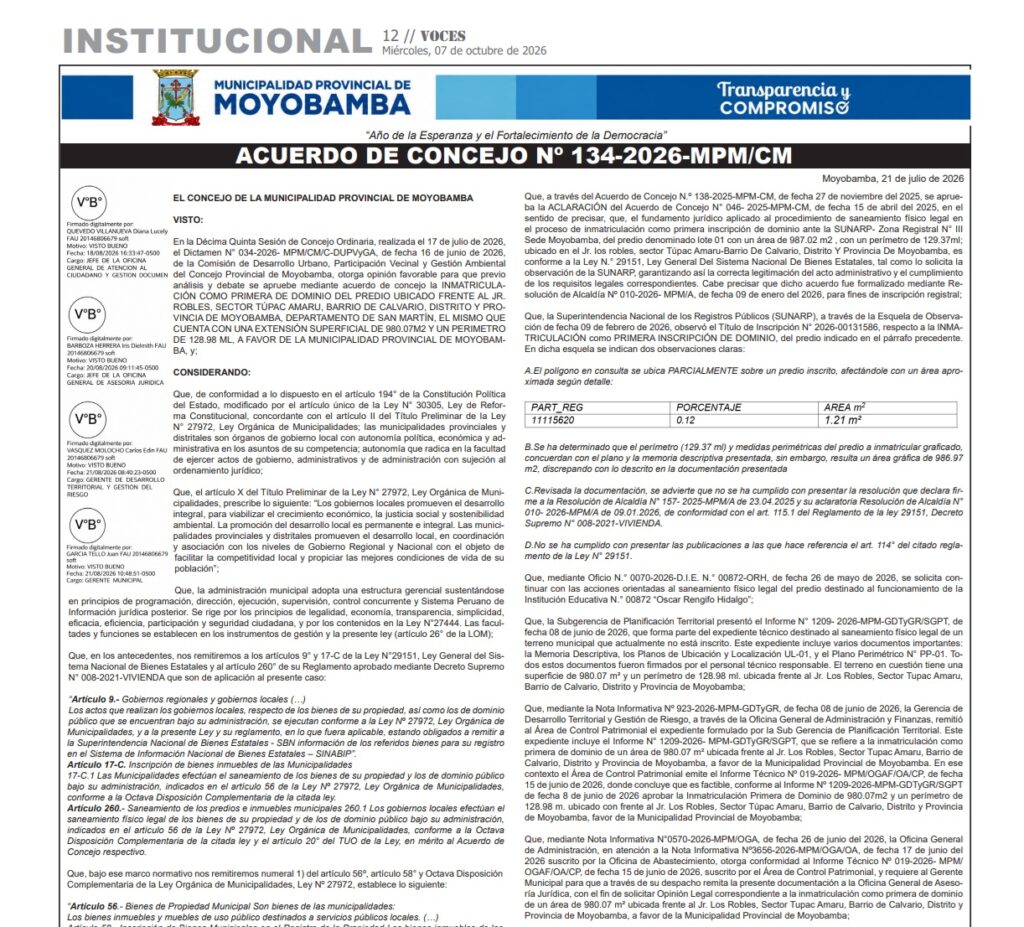ACUERDO DE CONCEJO Nº 134-2026-MPM/CM