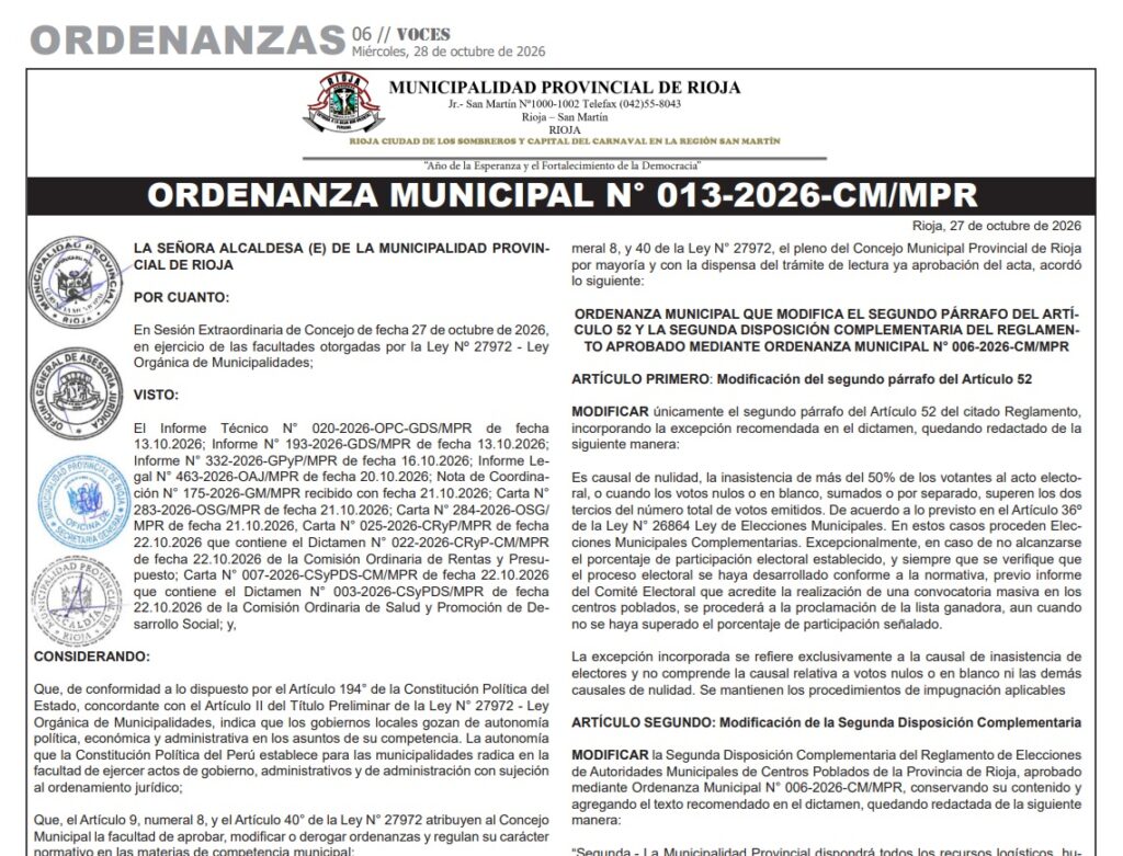 ORDENANZA MUNICIPAL N° 013-2026-CM/MPR